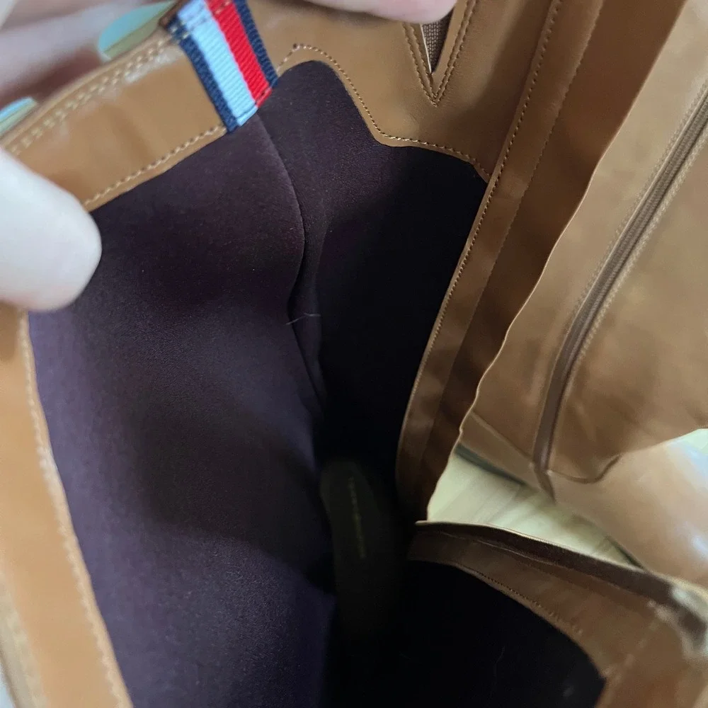 Tommy Hilfiger Women Tan Brown Faux Leather Tall Riding Equestrian Boots Logo 10